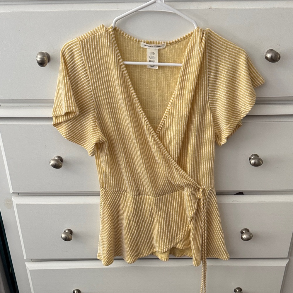 Caution To The Wind Yellow and White Striped Wrap Blouse